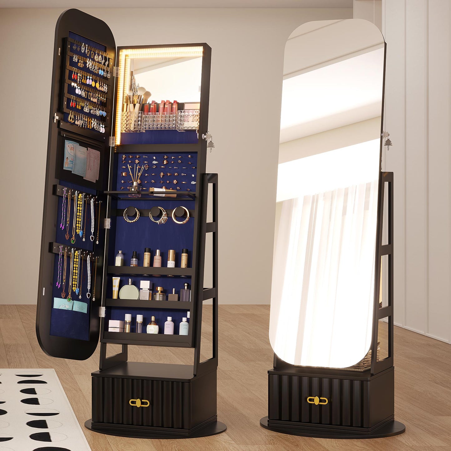 Miu Round-Corner Design Full-Length Mirror with 360° Swivel & LED-Lit Features, Bottom Drawer Storage, Lockable Design Brush Cabinet