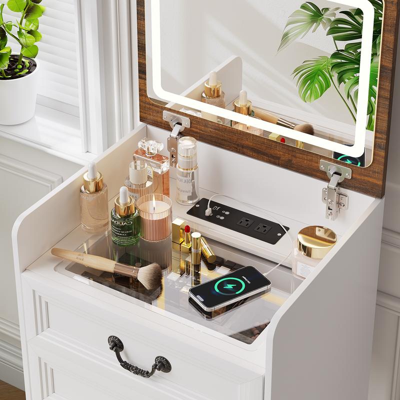 Miu small room vanity with Flip-up LED Mirror, Glass Tabletop,6-Compartment Storage Space, Soft Stool with Hidden Space & Drawer