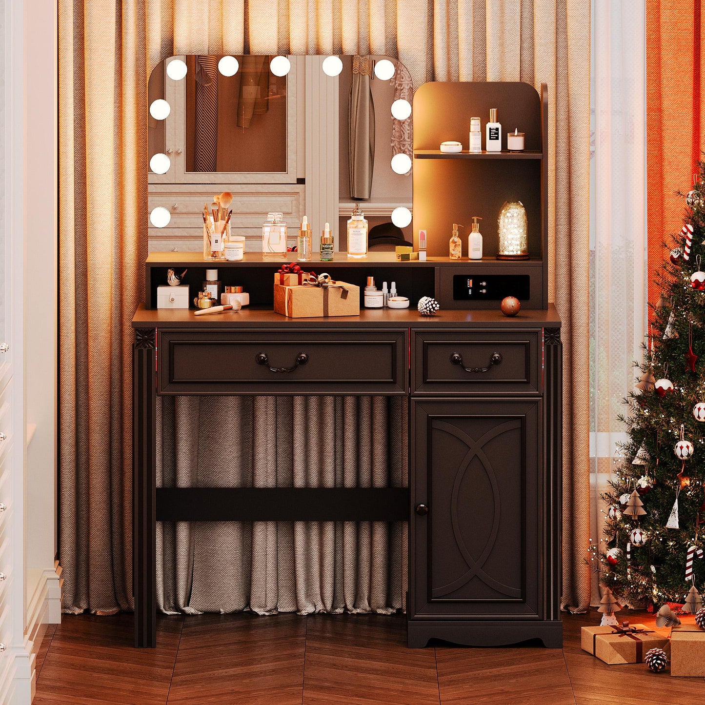 Miu Makeup Vanity with charging station and 11 LED Lights, 3 Lighting Modes, Large Mirror, Retro Edition, Dressing Table for Bedroom