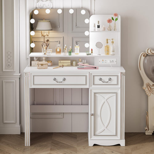 Miu Makeup Vanity with Outlet and 11 LED Lights, 3 Lighting Modes, Large Mirror, Retro Edition, Dressing Table for Bedroom Cosmetic