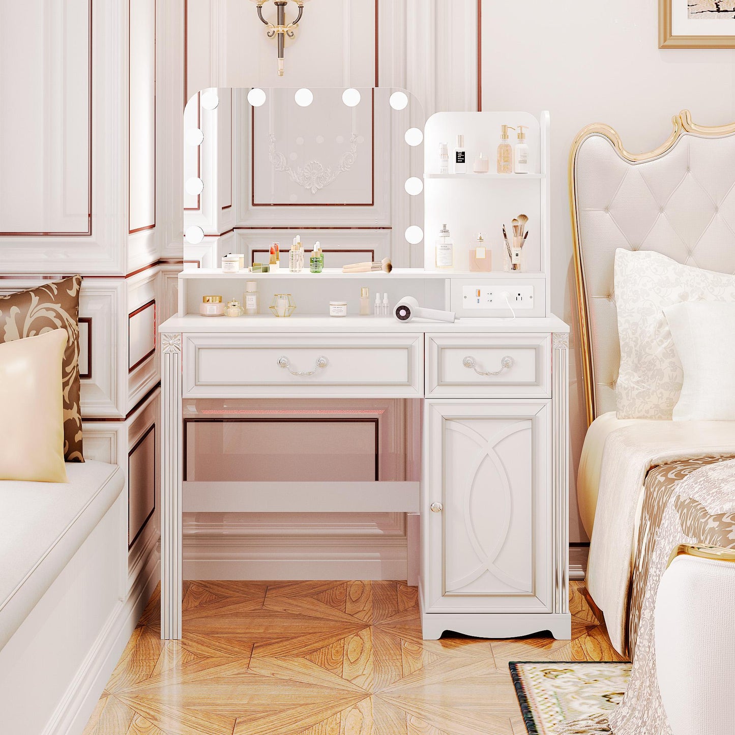 Miu Makeup Vanity with Outlet and 11 LED Lights, 3 Lighting Modes, Large Mirror, Retro Edition, Dressing Table for Bedroom Cosmetic