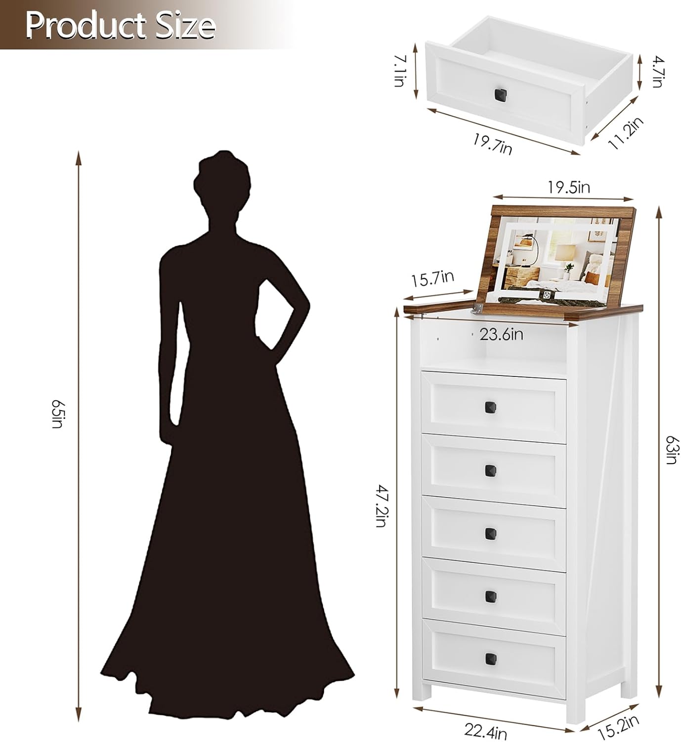 MIU Dresser with Mirror for Kids Bedroom, 47"- 63" Tall Dresser with 5 Drawer, Chest of Drawers, Farmhouse Makeup Vanity with Storage, White