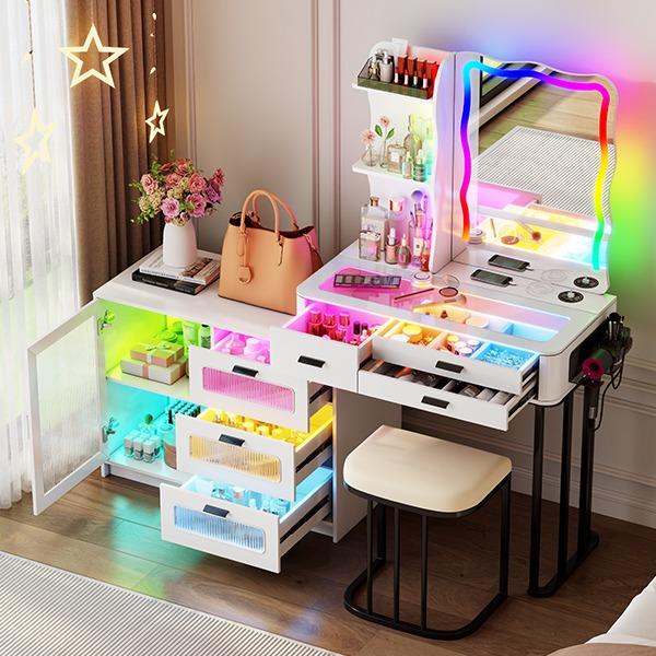 Miu Modern Makeup Vanity Set with Mirror and Lights, Large Storage Table with Drawers and Shelves, 3 in 1 Charging Station