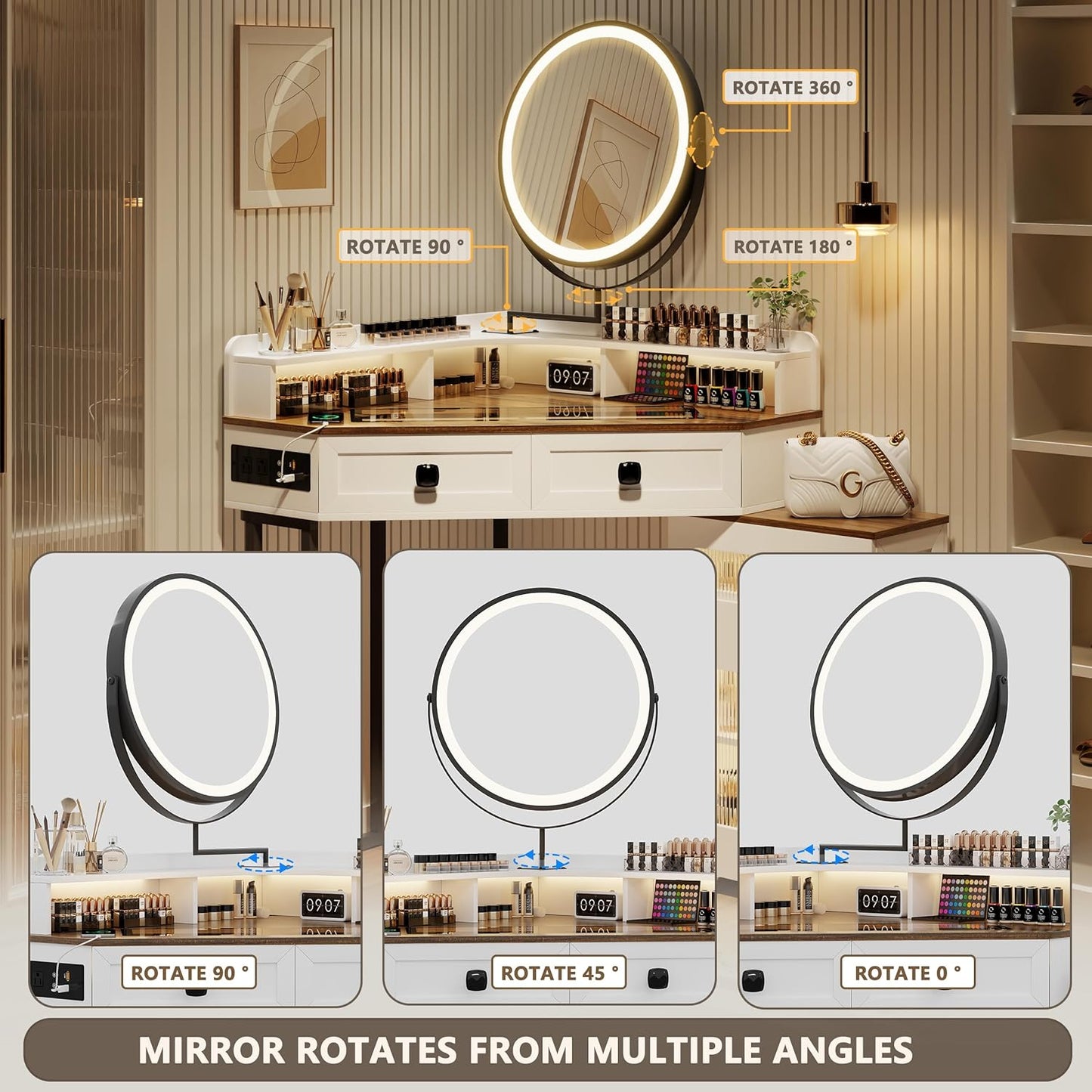 Miu Corner Vanity with Mirror and Lights, with Charging Station, Glass Top Vanity Table with Drawers and Shelves Makeup