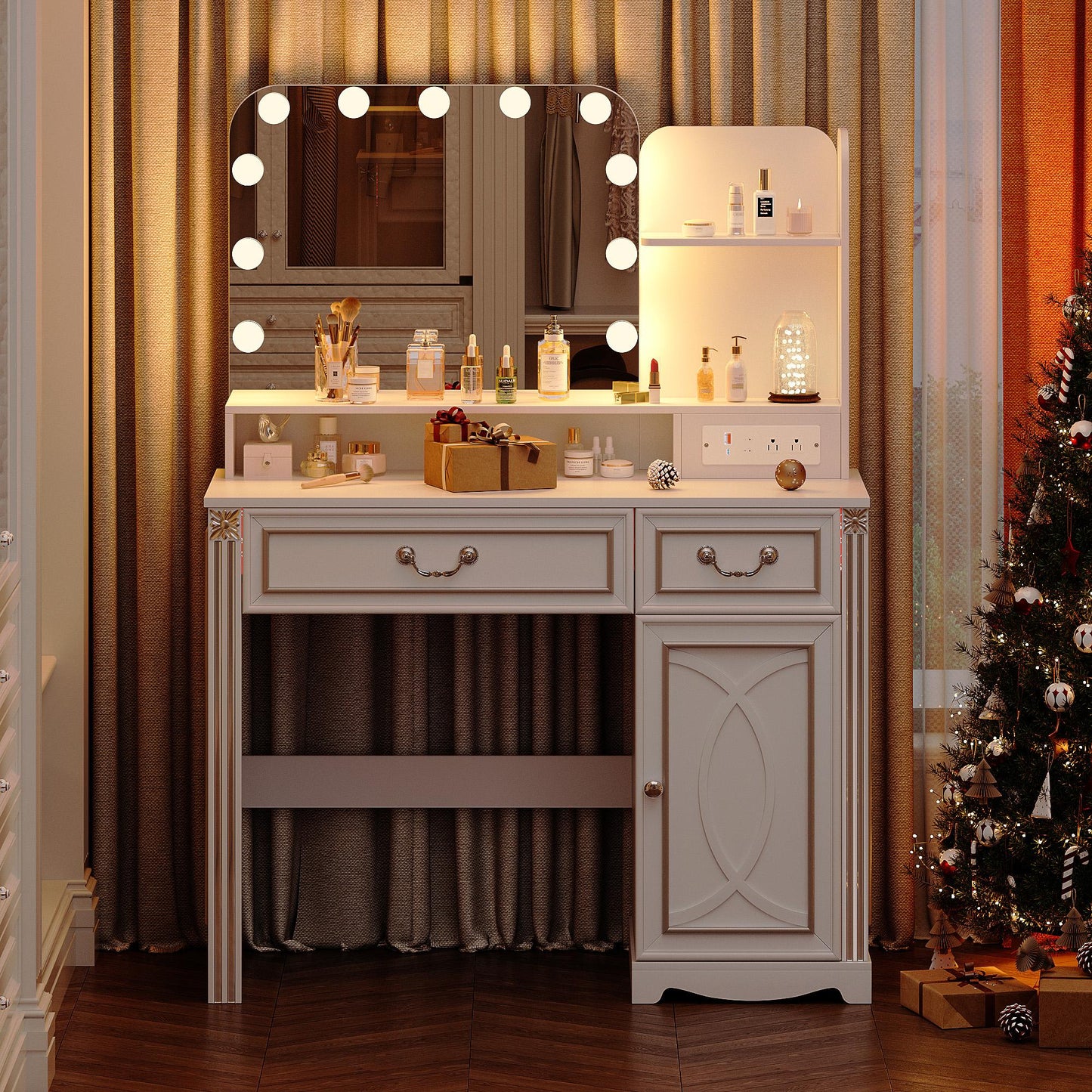 Miu Makeup Vanity with Outlet and 11 LED Lights, 3 Lighting Modes, Large Mirror, Retro Edition, Dressing Table for Bedroom Cosmetic