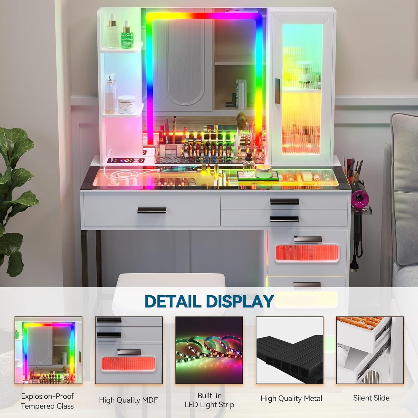 MIU Vanity with Mirror and LED Lights, Glass Top Vanity Desk with Charging Station(Wireless+USB+Type-C), RGB Makeup Table Set with Stool/Makeup Organizer/6 Drawers