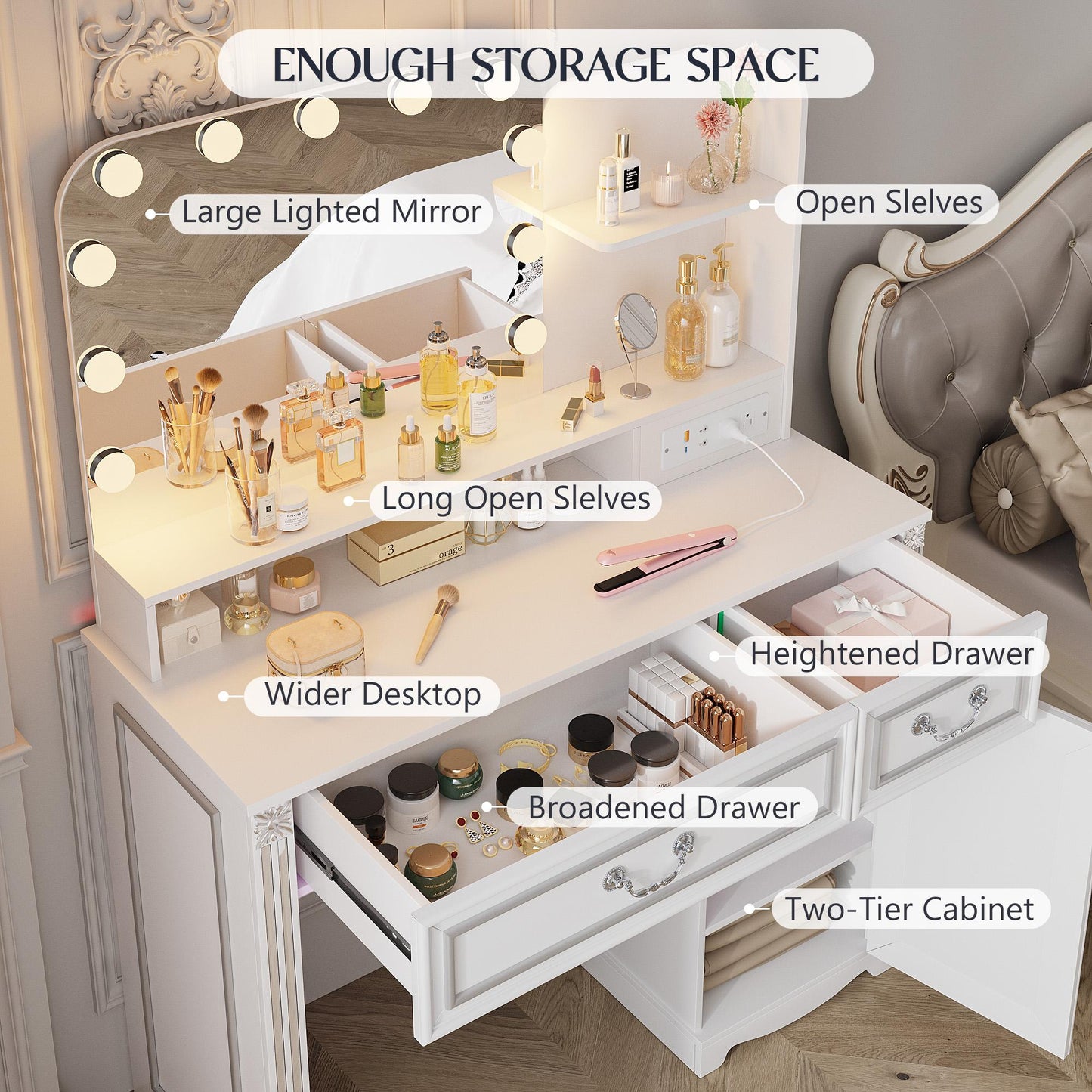 Miu Makeup Vanity with Outlet and 11 LED Lights, 3 Lighting Modes, Large Mirror, Retro Edition, Dressing Table for Bedroom Cosmetic