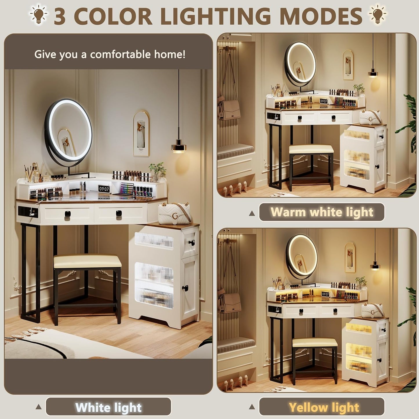 Miu Corner Vanity with Mirror and Lights, with Charging Station, Glass Top Vanity Table with Drawers and Shelves Makeup