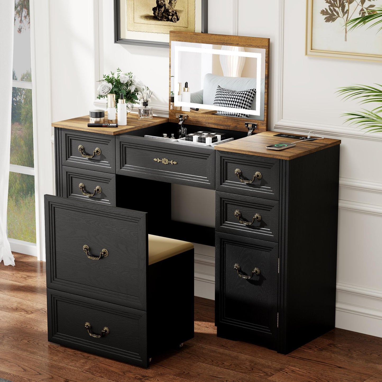 Miu small room vanity with Flip-up LED Mirror, Glass Tabletop,6-Compartment Storage Space, Soft Stool with Hidden Space & Drawer