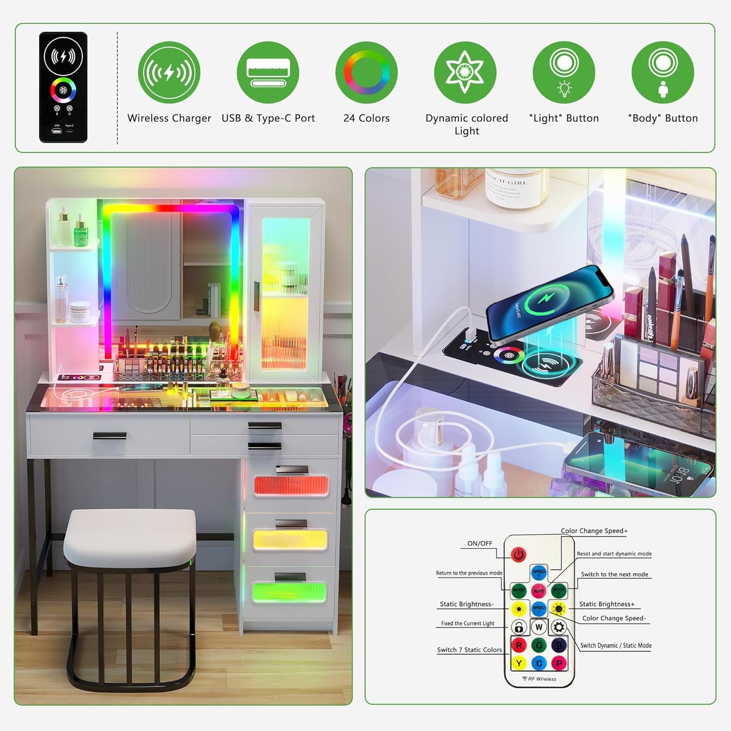 MIU Vanity with Mirror and LED Lights, Glass Top Vanity Desk with Charging Station(Wireless+USB+Type-C), RGB Makeup Table Set with Stool/Makeup Organizer/6 Drawers