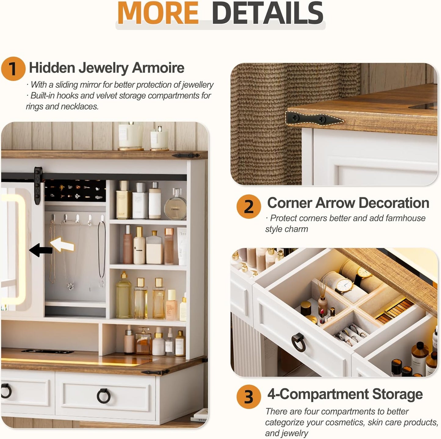 MIU Farmhouse Makeup Vanity Desk with Sliding Mirror and Lights,40" W Glass Tabletop Vanity Table with Charger,LED Vanity Set with Jewelry Armoire,6 Drawers,10 Shelves,Adjustable Cabinet