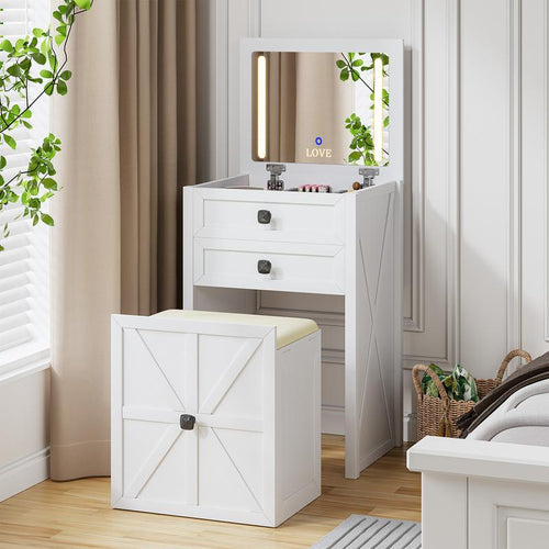 Miu Farmhouse 3 in 1 Vanity with Mirror, 3-Color Adjustable Lighting, Cushioned Stool for Bedroom Organization & Beauty Routines