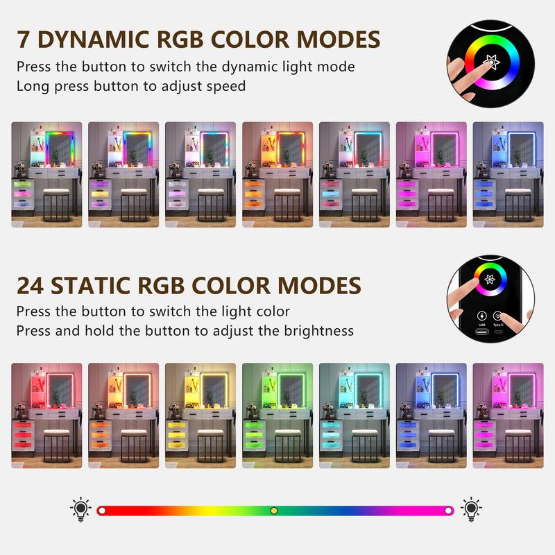 Miu Vanity Set with 24-Color RGB Lights, Wireless Charging, HD Mirror, 6-Drawer Chest & Big Storage Furniture Organizing - Modern Design Adjustable Brightness