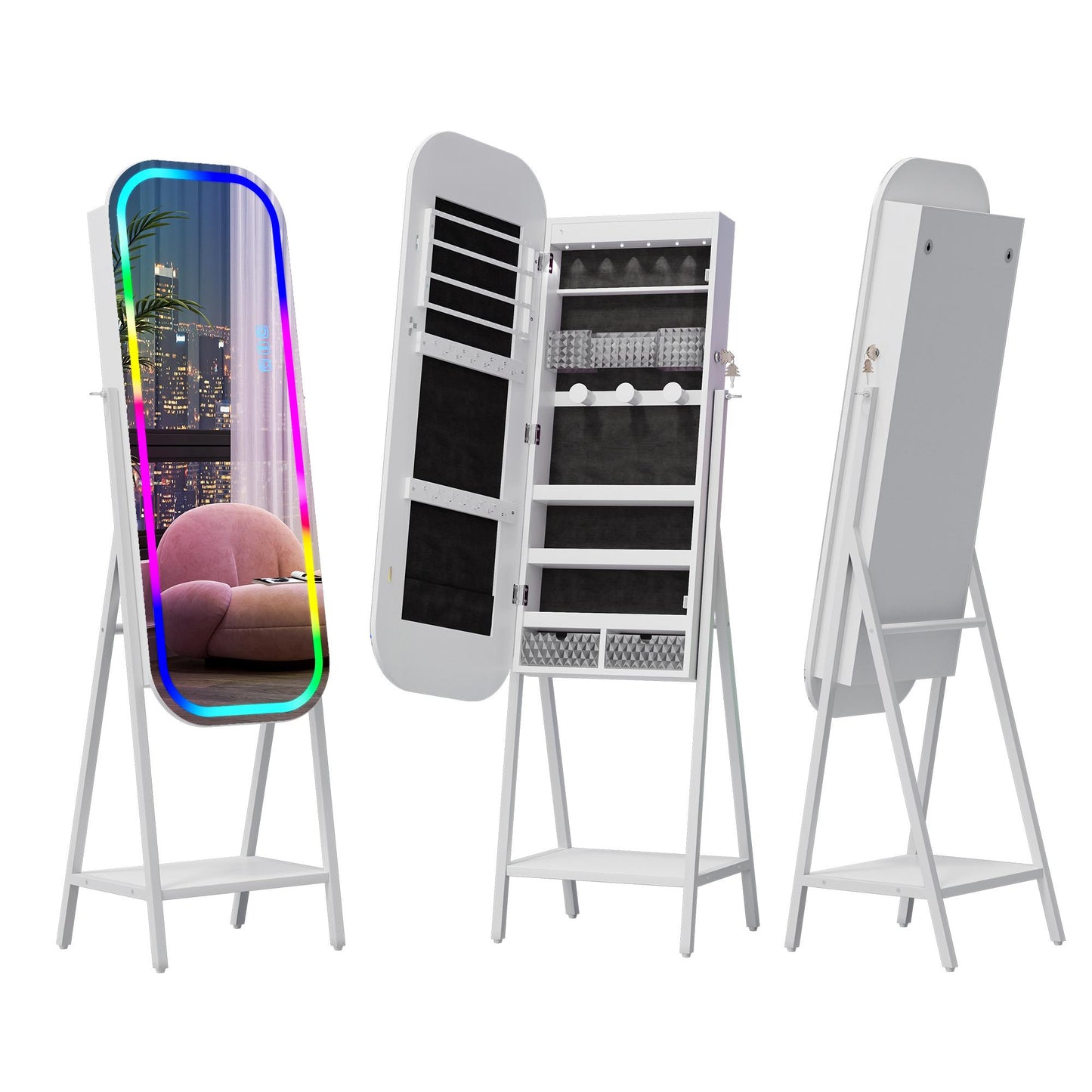 Miu LED RGB Wall-Mounted Organizer for kids junior Jewelry Cabinet with Full-Length Stand, 7-color light,Metal Brush Decor, Earring Door Frameless & Lite Mirrors