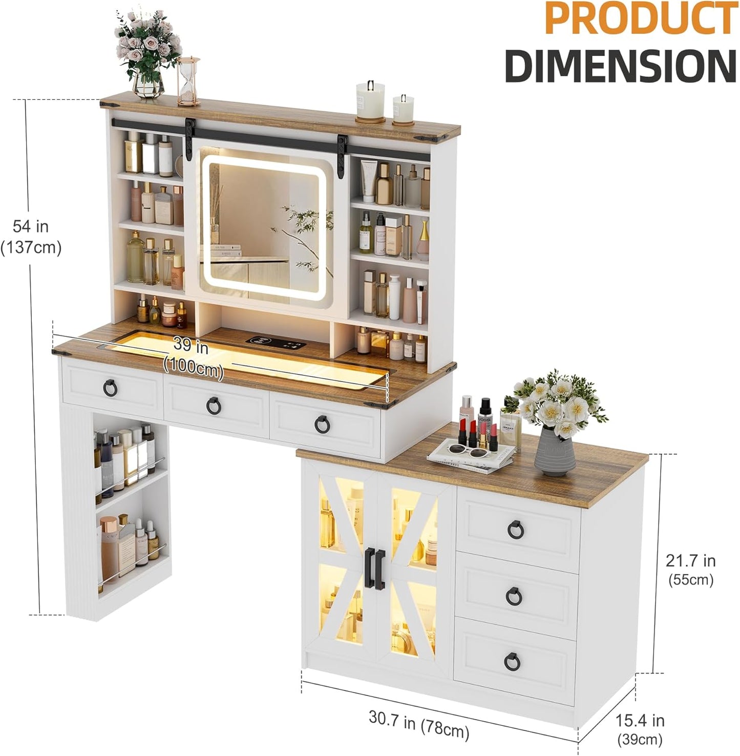 MIU Farmhouse Makeup Vanity Desk with Sliding Mirror and Lights,40" W Glass Tabletop Vanity Table with Charger,LED Vanity Set with Jewelry Armoire,6 Drawers,10 Shelves,Adjustable Cabinet