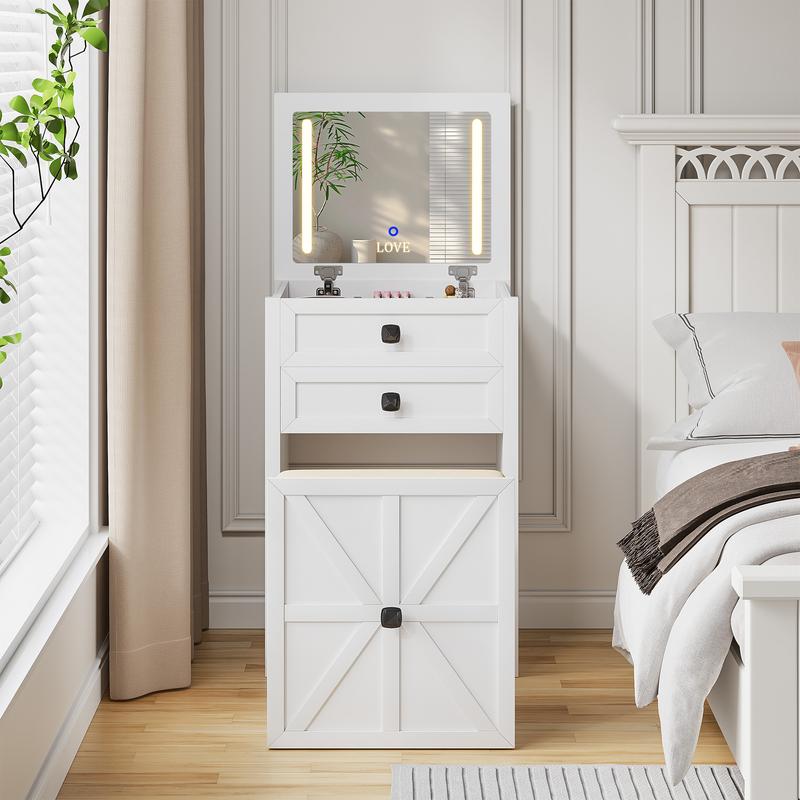 Miu Farmhouse 3 in 1 Vanity with Mirror, 3-Color Adjustable Lighting, Cushioned Stool for Bedroom Organization & Beauty Routines