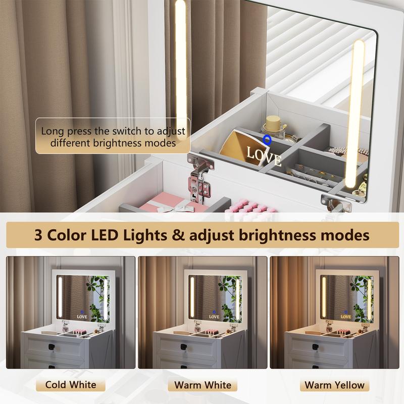 Miu Farmhouse 3 in 1 Vanity with Mirror, 3-Color Adjustable Lighting, Cushioned Stool for Bedroom Organization & Beauty Routines