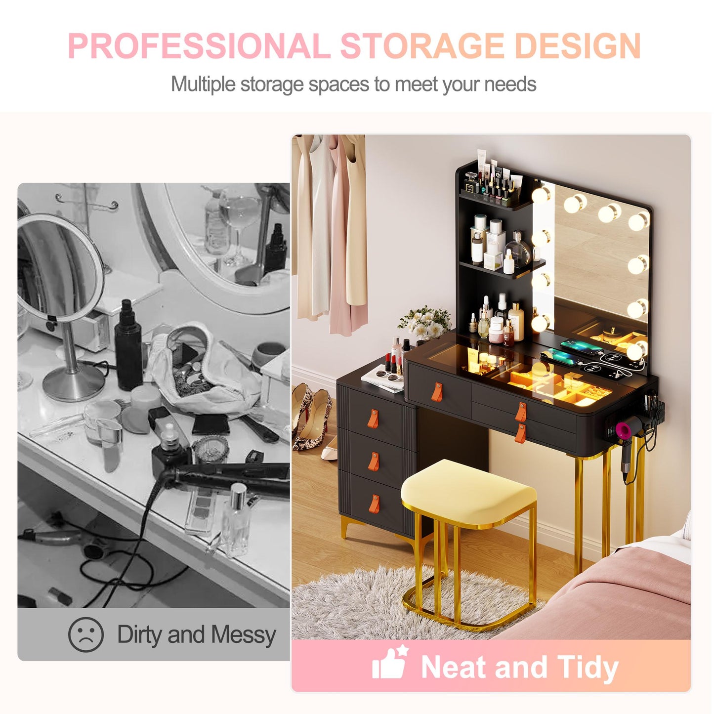 Miu Makeup Vanity Desk with Mirror and Lights, 5 Drawers&2 Shelves, Dressing Table with 10 Light Bulbs, USB Port&Human Sensor