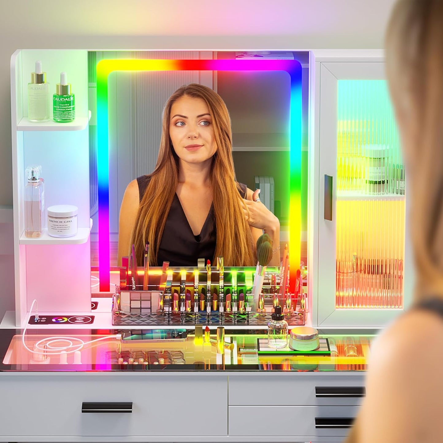 MIU Vanity with Mirror and LED Lights, Glass Top Vanity Desk with Charging Station(Wireless+USB+Type-C), RGB Makeup Table Set with Stool/Makeup Organizer/6 Drawers