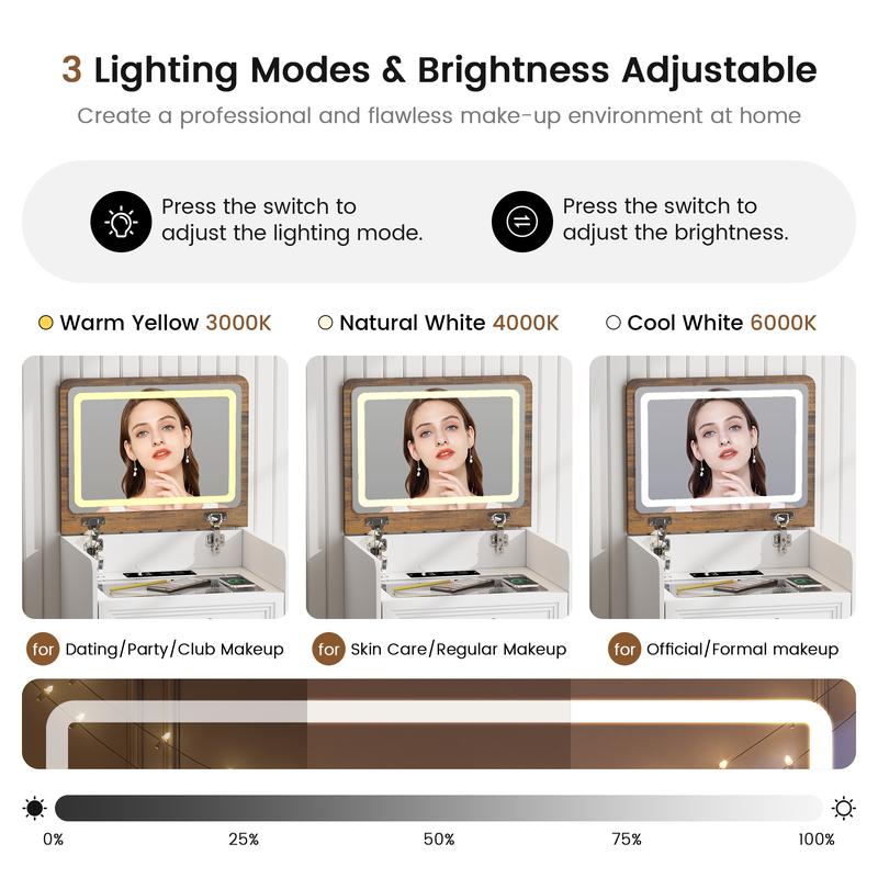 Miu small room vanity with Flip-up LED Mirror, Glass Tabletop,6-Compartment Storage Space, Soft Stool with Hidden Space & Drawer