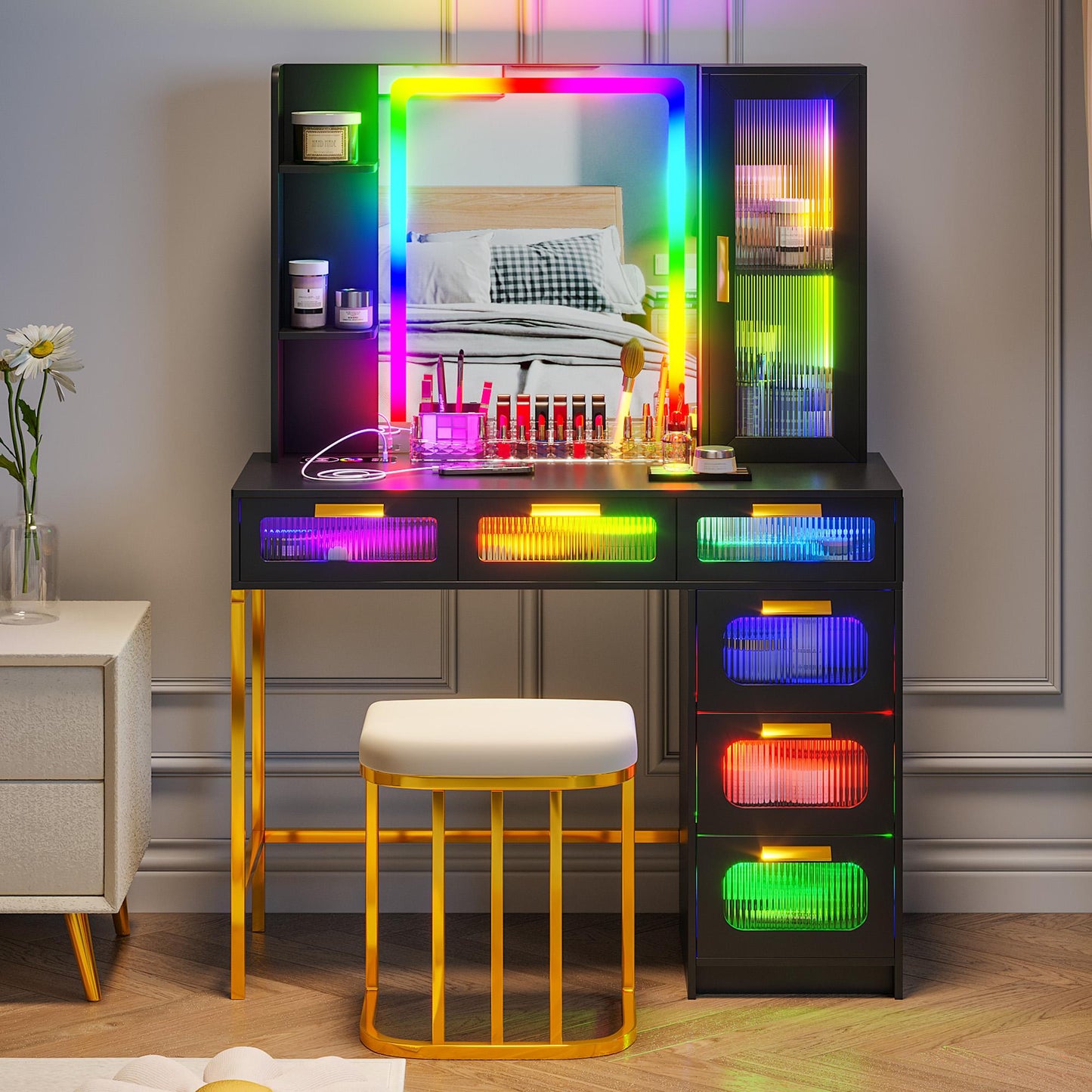 MIU Vanity with Mirror and LED Lights, Glass Top Vanity Desk with Charging Station(Wireless+USB+Type-C), RGB Makeup Table Set with Stool/Makeup Organizer/6 Drawers