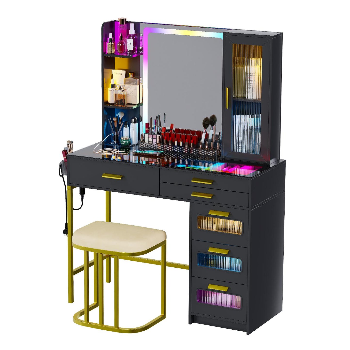 MIU Vanity with Mirror and LED Lights, Glass Top Vanity Desk with Charging Station(Wireless+USB+Type-C), RGB Makeup Table Set with Stool/Makeup Organizer/6 Drawers
