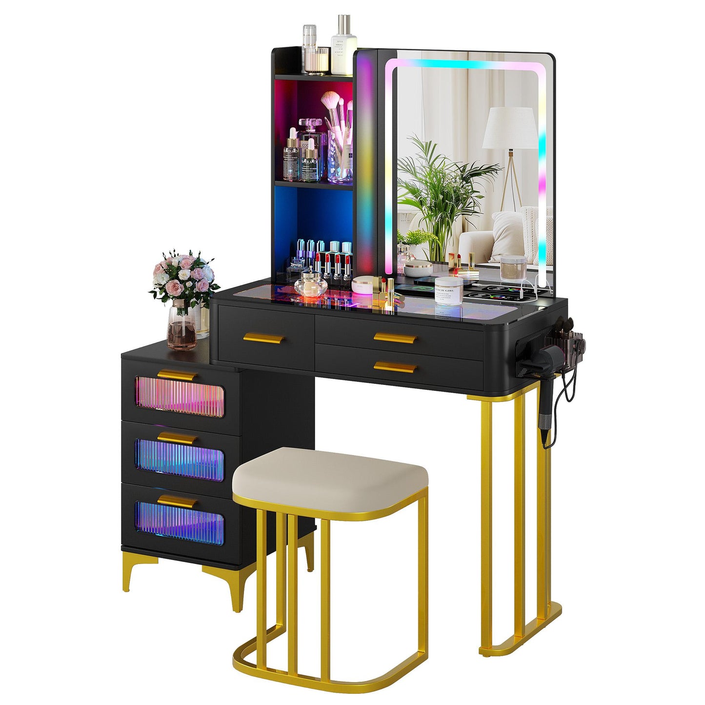 Miu Vanity Set with 24-Color RGB Lights, Wireless Charging, HD Mirror, 6-Drawer Chest & Big Storage Furniture Organizing - Modern Design Adjustable Brightness