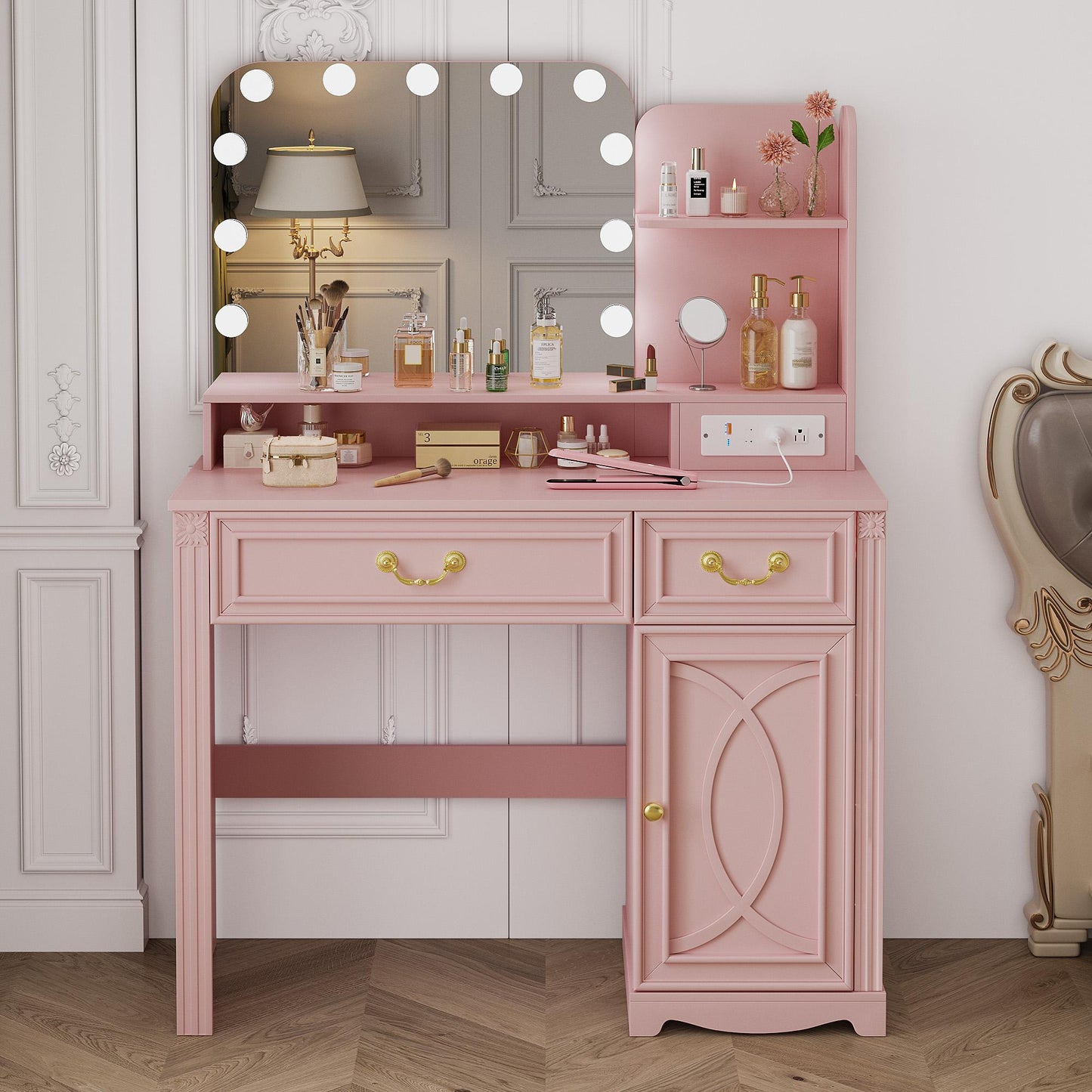 Miu Makeup Vanity with charging station and 11 LED Lights, 3 Lighting Modes, Large Mirror, Retro Edition, Dressing Table for Bedroom