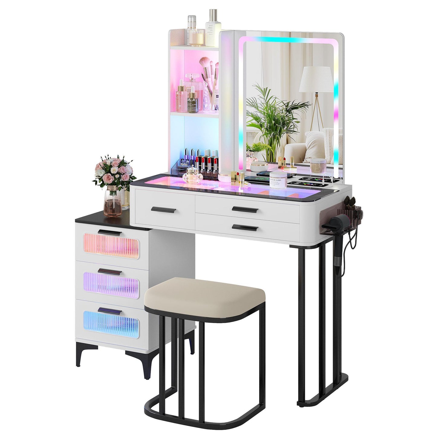 Miu Modern Makeup Vanity Set with Mirror and Lights, Large Storage Table with Drawers and Shelves, 3 in 1 Charging Station