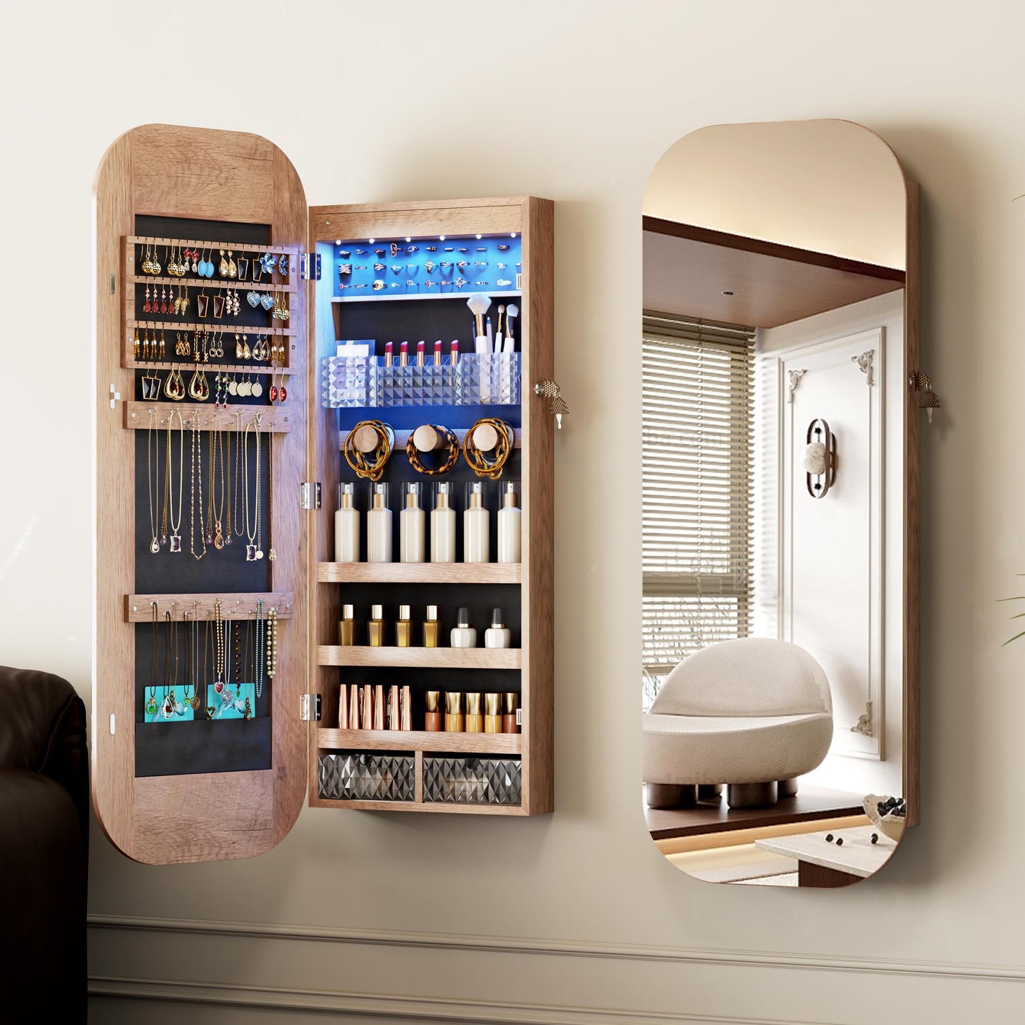 Miu B Wall-Mounted Organizer for kids junior Jewelry Cabinet with Full-Length Stand, Metal Brush Decor, Earring Door Frameless & Lite Mirrors