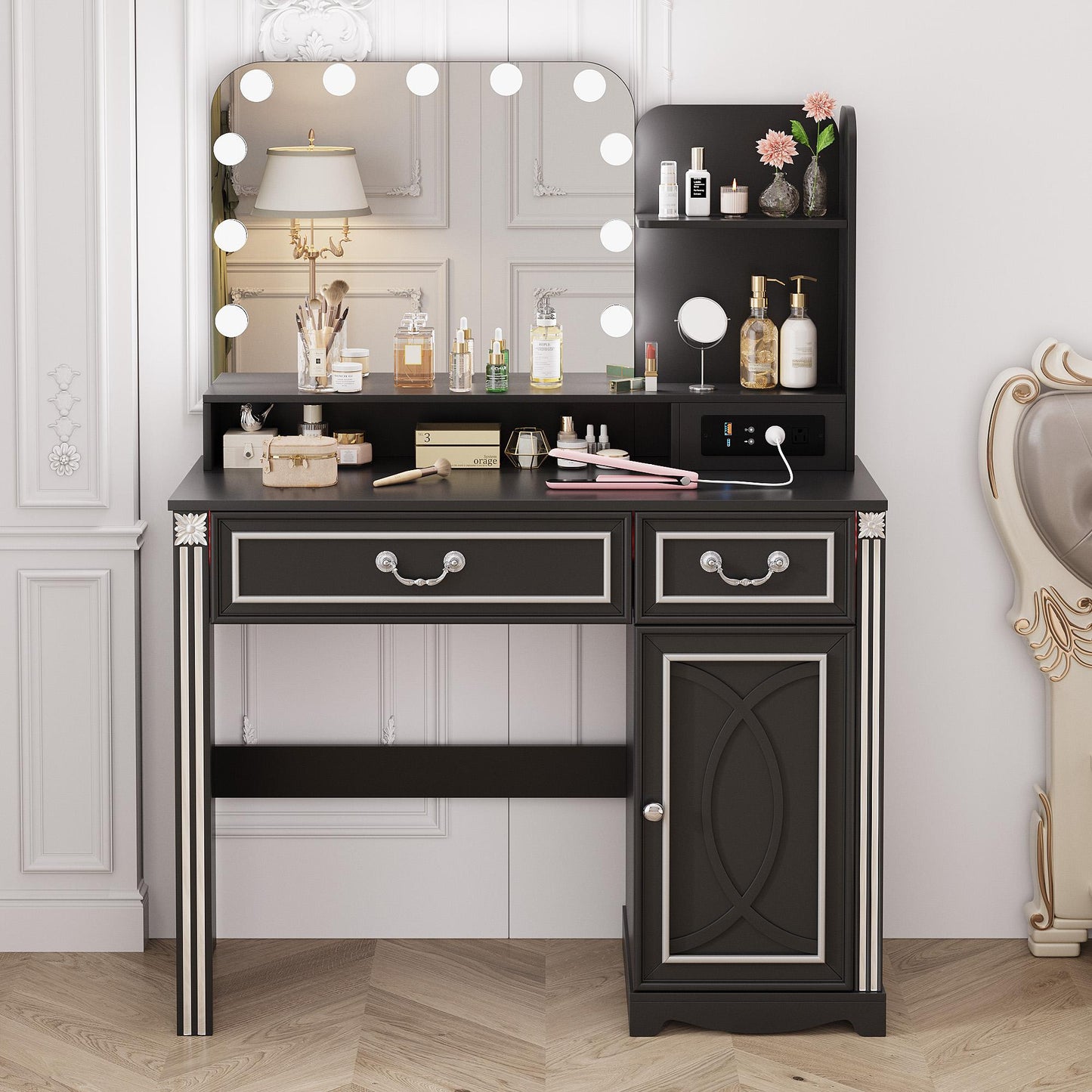 Miu Makeup Vanity with charging station and 11 LED Lights, 3 Lighting Modes, Large Mirror, Retro Edition, Dressing Table for Bedroom