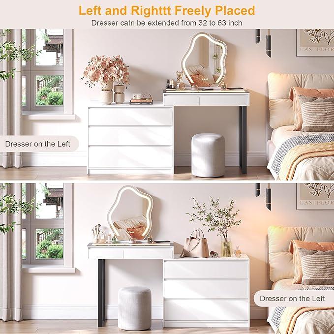 Miu Extendable Dressing Table with Drawers and Dresser, Corner Vanity Desk with Mirror and Lights, with Charging Station