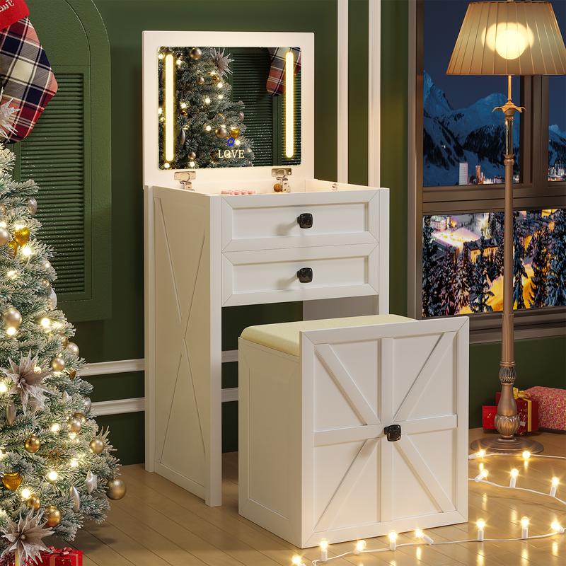 Miu Farmhouse 3 in 1 Vanity with Mirror, 3-Color Adjustable Lighting, Cushioned Stool for Bedroom Organization & Beauty Routines