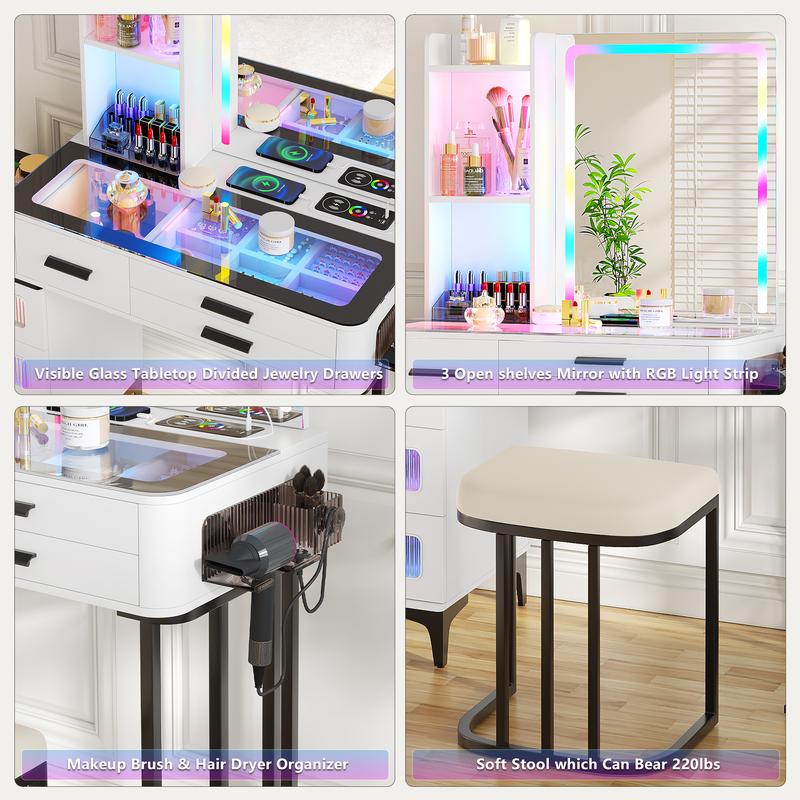 Miu Vanity Set with 24-Color RGB Lights, Wireless Charging, HD Mirror, 6-Drawer Chest & Big Storage Furniture Organizing - Modern Design Adjustable Brightness