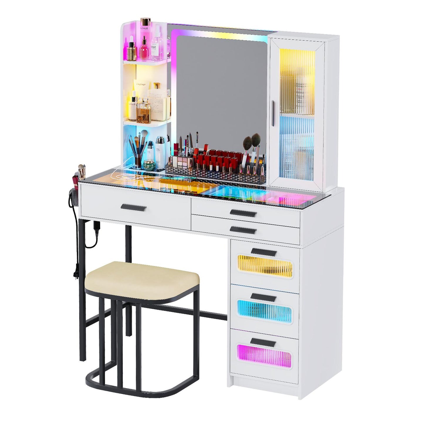 MIU Vanity with Mirror and LED Lights, Glass Top Vanity Desk with Charging Station(Wireless+USB+Type-C), RGB Makeup Table Set with Stool/Makeup Organizer/6 Drawers