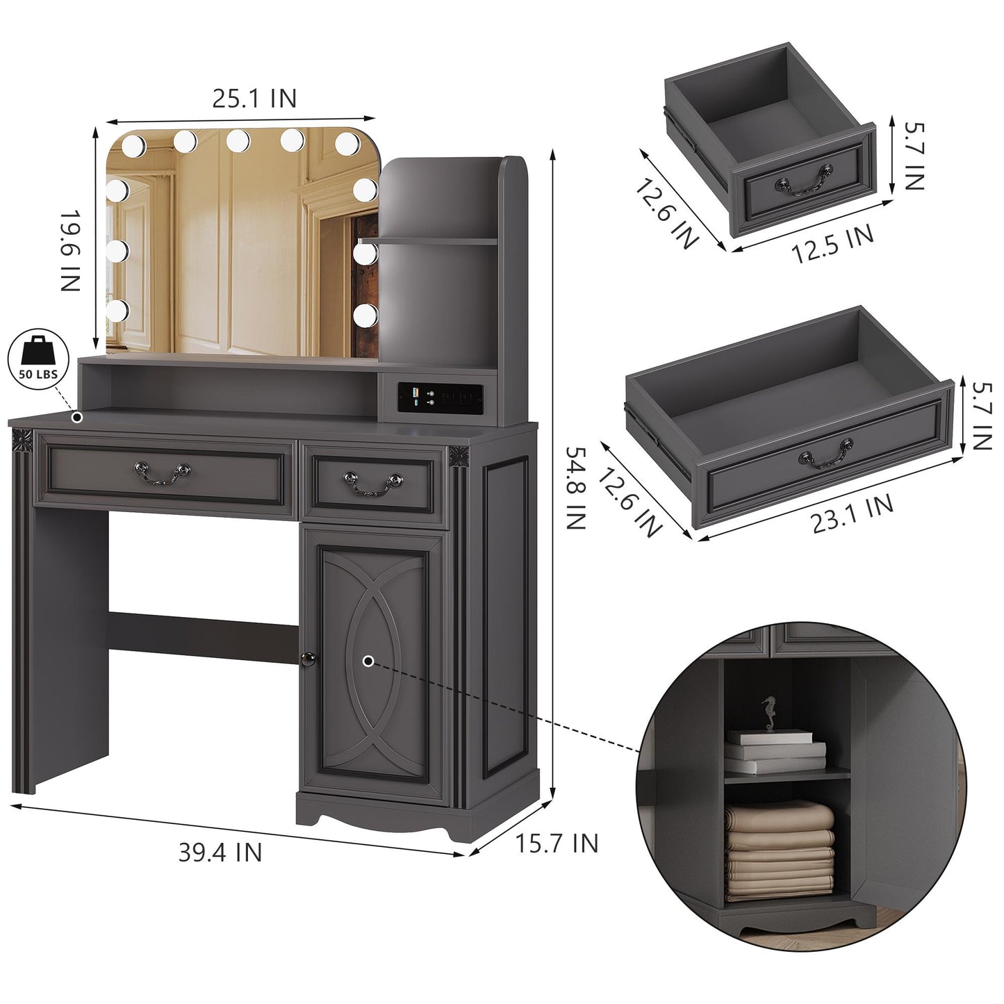 Miu Makeup Vanity with charging station and 11 LED Lights, 3 Lighting Modes, Large Mirror, Retro Edition, Dressing Table for Bedroom