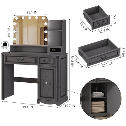 Miu Makeup Vanity with charging station and 11 LED Lights, 3 Lighting Modes, Large Mirror, Retro Edition, Dressing Table for Bedroom