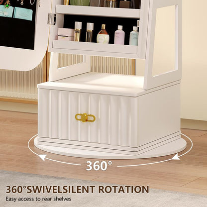 Miu Round-Corner Design Full-Length Mirror with 360° Swivel & LED-Lit Features, Bottom Drawer Storage, Lockable Design Brush Cabinet