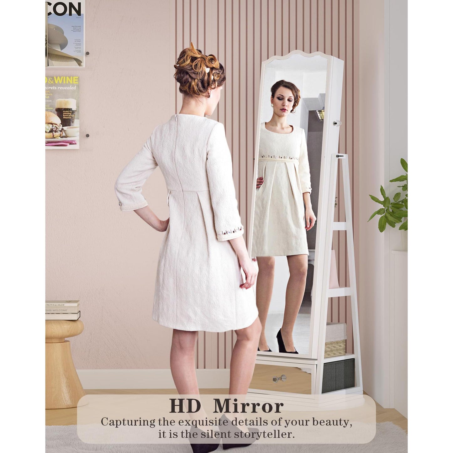 Miu Standing Full-Length Mirror with Jewelry Storage Armoire Box Organizer, 3-in-1 LED Lights, 360° Rotating Cabinet Decor Multicolor