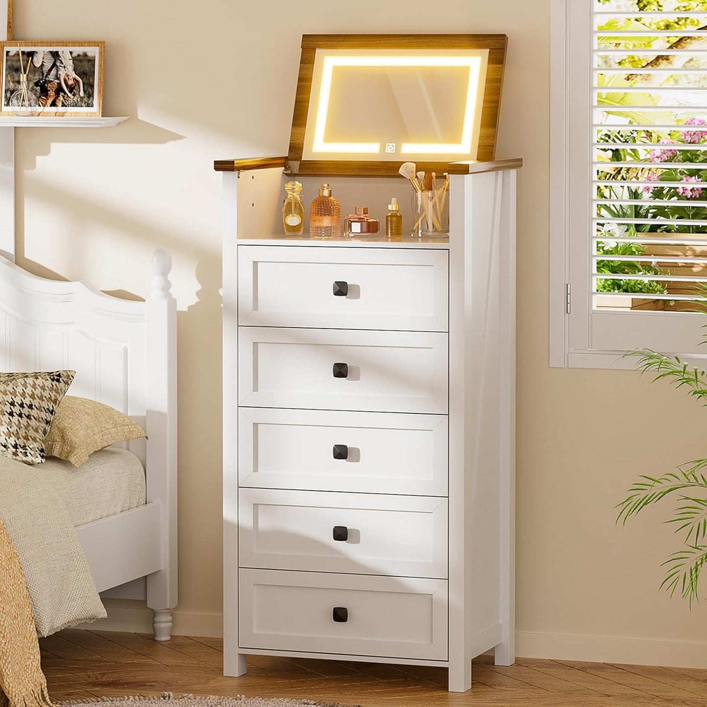 MIU Dresser with Mirror for Kids Bedroom, 47"- 63" Tall Dresser with 5 Drawer, Chest of Drawers, Farmhouse Makeup Vanity with Storage, White