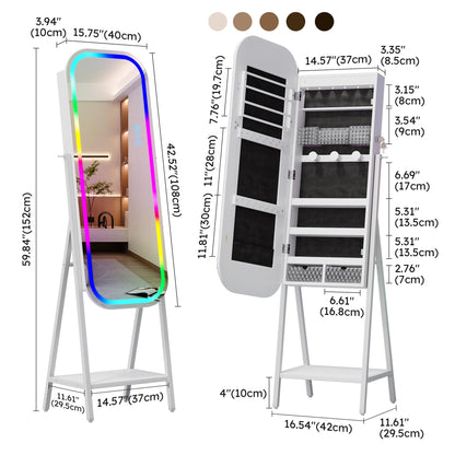Miu LED RGB Wall-Mounted Organizer for kids junior Jewelry Cabinet with Full-Length Stand, 7-color light，Metal Brush Decor, Earring Door Frameless & Lite Mirrors