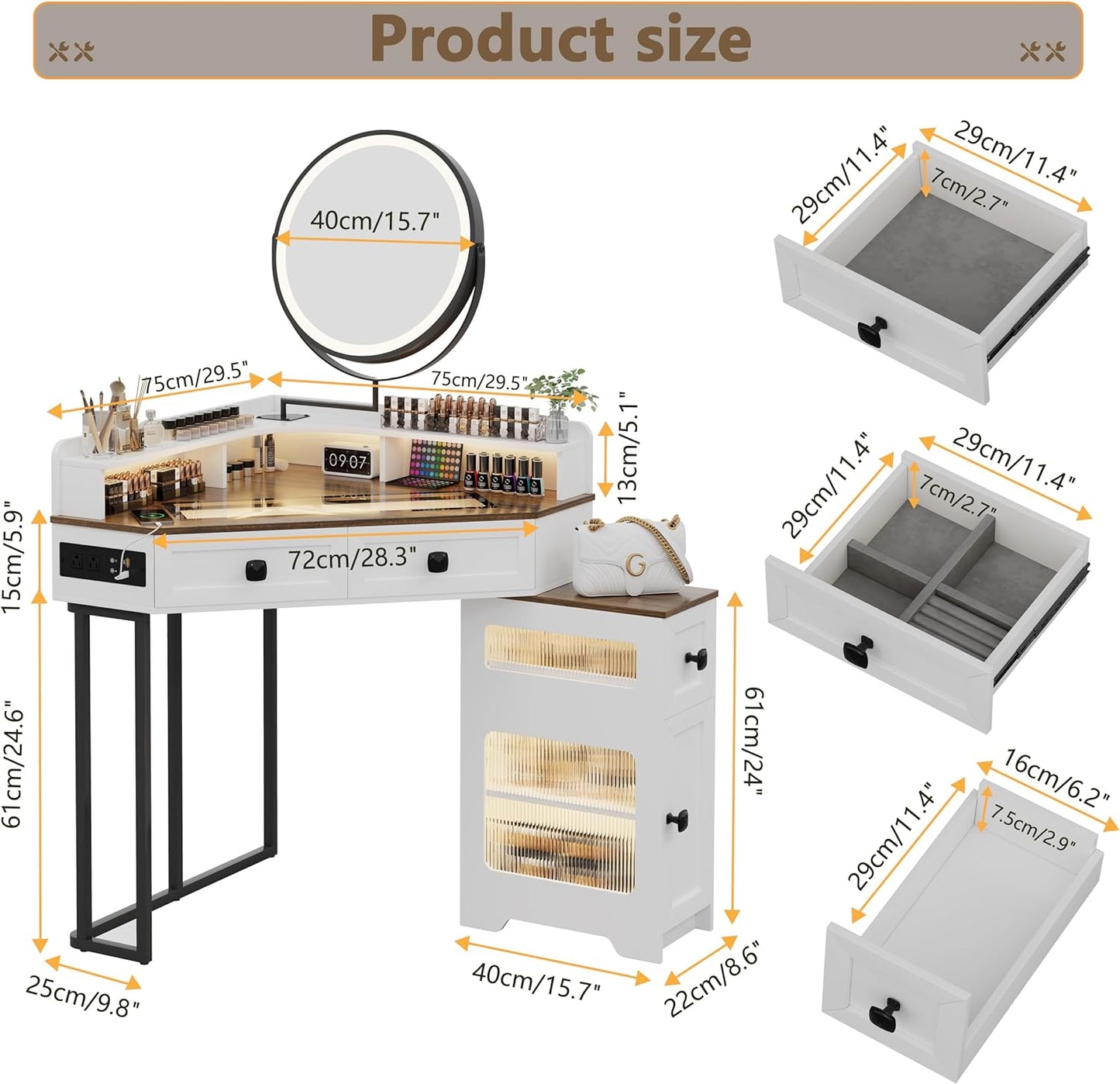 Miu Corner Vanity with Mirror and Lights, with Charging Station, Glass Top Vanity Table with Drawers and Shelves Makeup