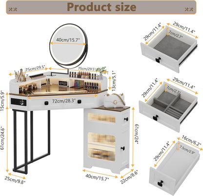 Miu Corner Vanity with Mirror and Lights, with Charging Station, Glass Top Vanity Table with Drawers and Shelves Makeup