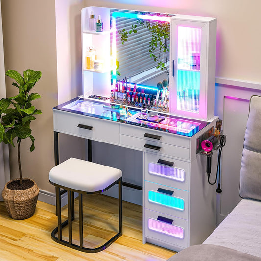 MIU Vanity with Mirror and LED Lights, Glass Top Vanity Desk with Charging Station(Wireless+USB+Type-C), RGB Makeup Table Set with Stool/Makeup Organizer/6 Drawers