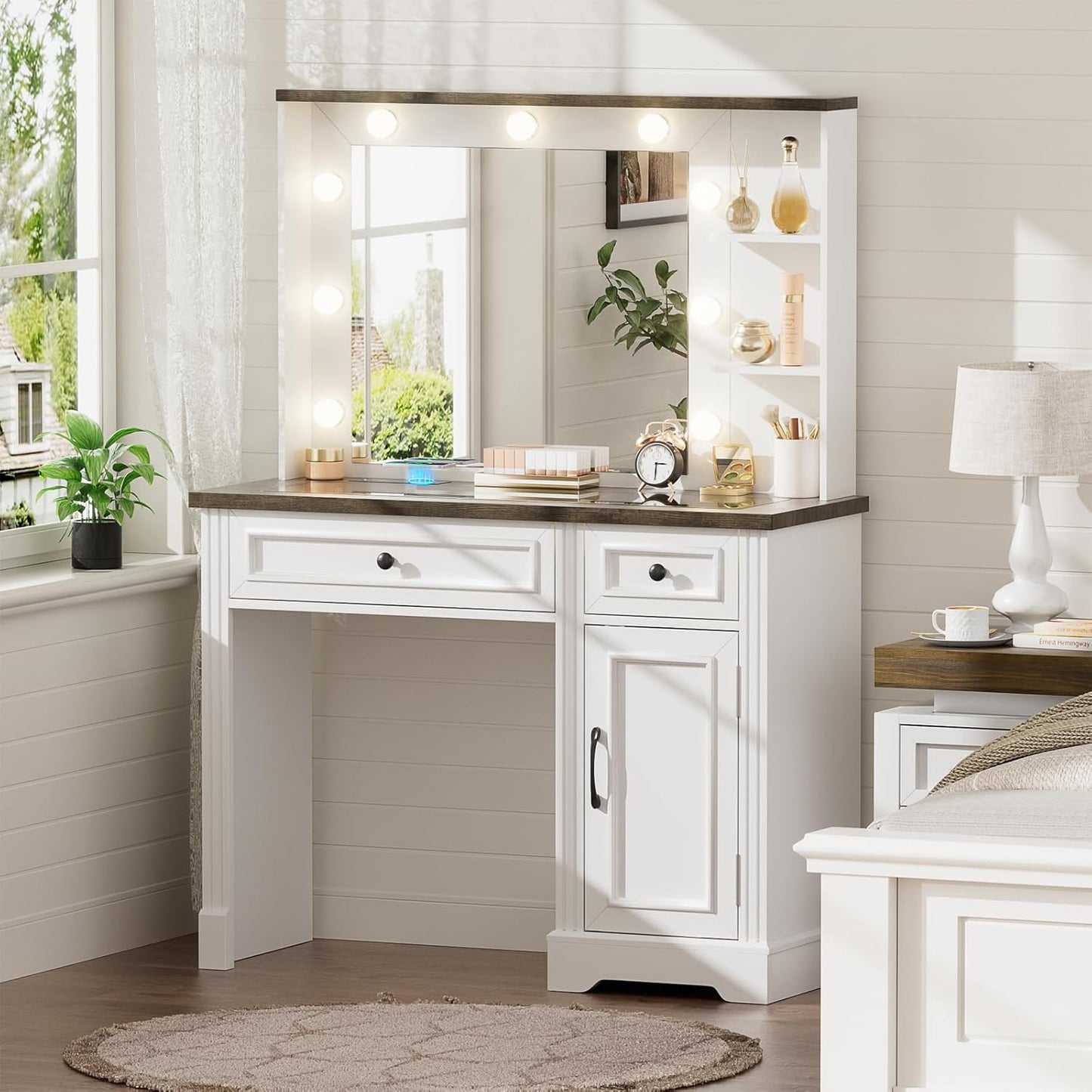 MIU Large Vanity Desk with Mirror and Lights, Farmhouse Makeup Vanity with Wireless Charging Station, White Dressing Table with 2 Drawers & Storage Cabinet for Bedroom, Dressing Room