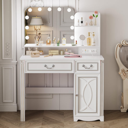 Miu Makeup Vanity with Outlet and 11 LED Lights, 3 Lighting Modes, Large Mirror, Retro Edition, Dressing Table for Bedroom Cosmetic