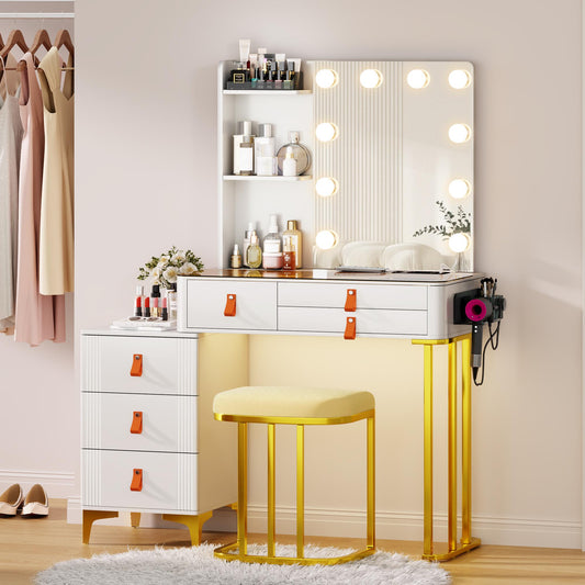 Miu Makeup Vanity Desk with Mirror and Lights, 5 Drawers&2 Shelves, Dressing Table with 10 Light Bulbs, USB Port&Human Sensor