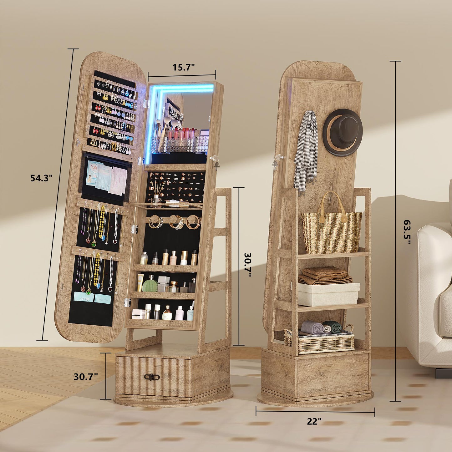 Miu Round-Corner Design Full-Length Mirror with 360° Swivel & LED-Lit Features, Bottom Drawer Storage, Lockable Design Brush Cabinet