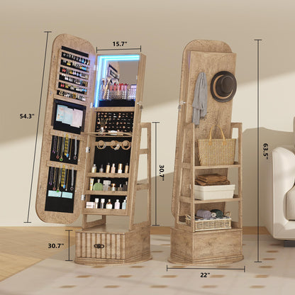 Miu Round-Corner Design Full-Length Mirror with 360° Swivel & LED-Lit Features, Bottom Drawer Storage, Lockable Design Brush Cabinet