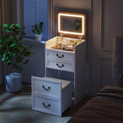 Miu small room vanity with Flip-up LED Mirror, Glass Tabletop,6-Compartment Storage Space, Soft Stool with Hidden Space & Drawer